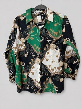 Chico’s Chain Print equestrian Button Front Blouse green  Black Tan top